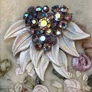 Vintage articulated lustrous opalescent flower brooch - 2” x 2 1/2”